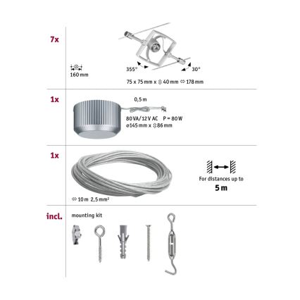 Paulmann 94152 - SET 7x GU5,3/10W Komplettes Seilsystem MAC 230V matt-chrom