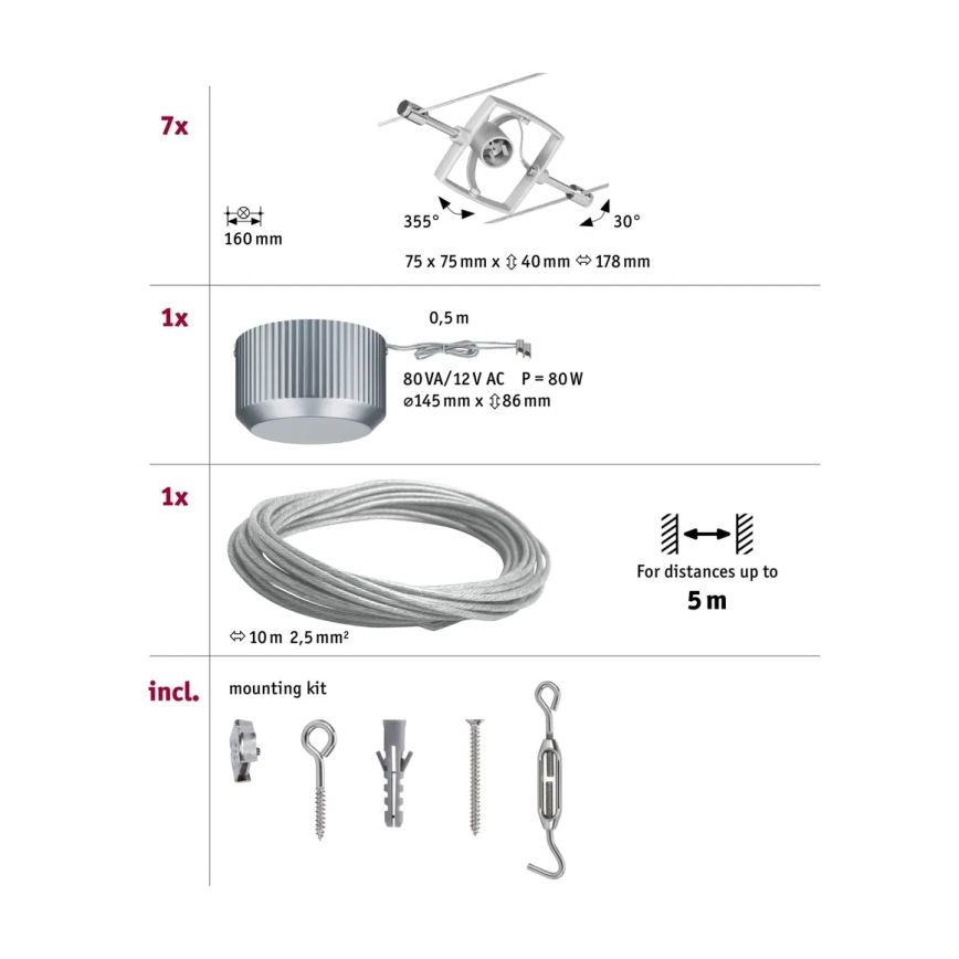Paulmann 94152 - SET 7x GU5,3/10W Komplettes Seilsystem MAC 230V matt-chrom