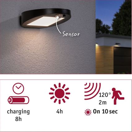 Paulmann 94246 - Luminaire solaire extérieur avec détecteur LED/1,2W IP44 Outdoor solar light with sensor RYSE 3,7V