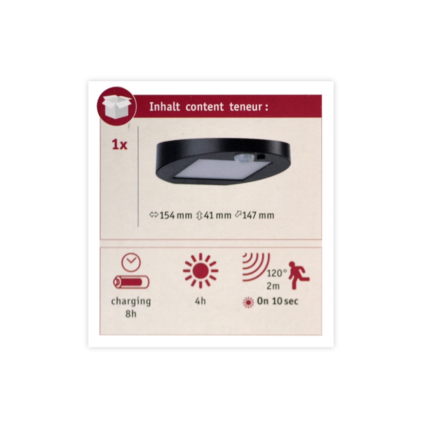 Paulmann 94246 - Luminaire solaire extérieur avec détecteur LED/1,2W IP44 Outdoor solar light with sensor RYSE 3,7V