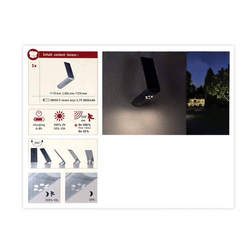 Paulmann 94261 - Applique LED/1,2W IP44 solare con sensore ILIAS 3,7V
