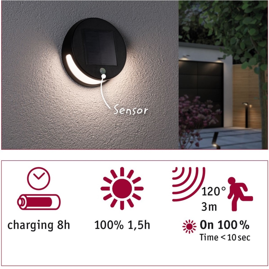 Paulmann 94265 - Luminaire solaire extérieur avec détecteur LED/3W IP44 HELENA 3,7V