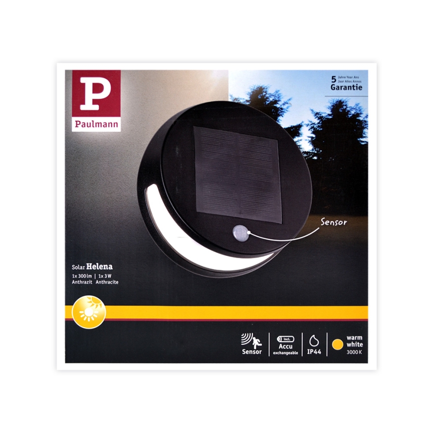 Paulmann 94265 - Luminaire solaire extérieur avec détecteur LED/3W IP44 HELENA 3,7V
