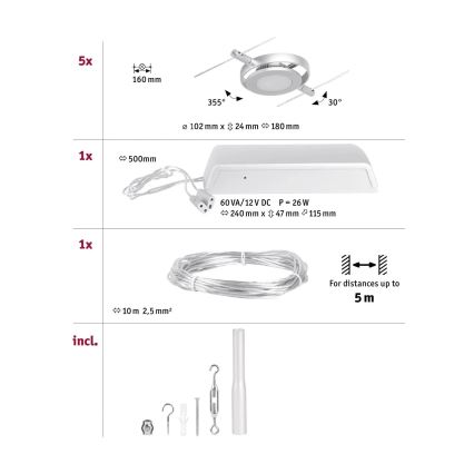 Paulmann 94414 - SET 5xLED/4,5W Strahler für ein Seilsystem ROUNDMAC 230V glänzendes Chrom
