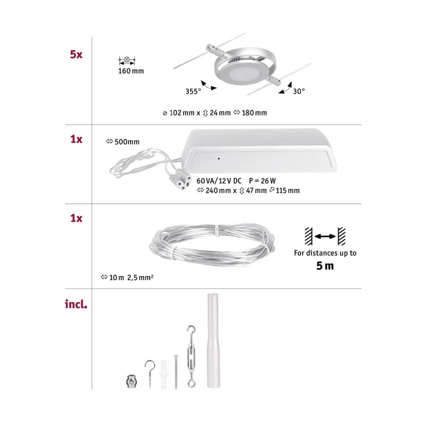Paulmann 94414 - SET 5xLED/4,5W Strahler für ein Seilsystem ROUNDMAC 230V glänzendes Chrom