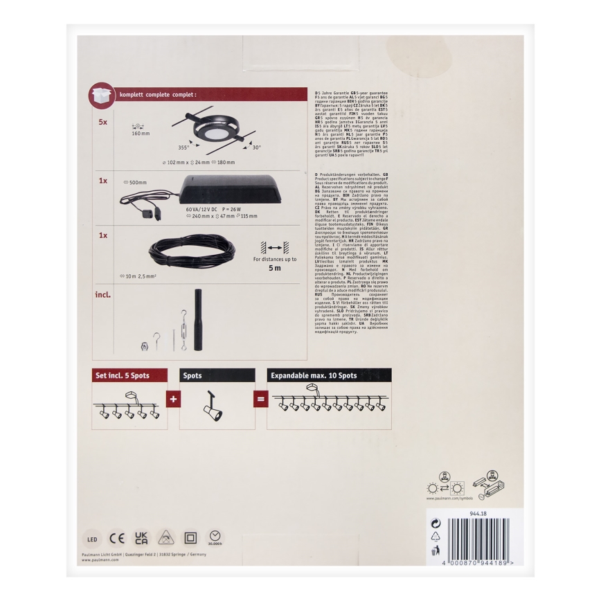 Paulmann 94418 - Ensemble 5xLED/4,5W : système complet sur câble ROUNDMAC 230V, noir