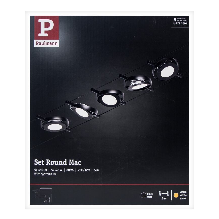 Paulmann 94418 - Set 5xLED/4,5W Sistema completo a cavo ROUNDMAC 230V nero