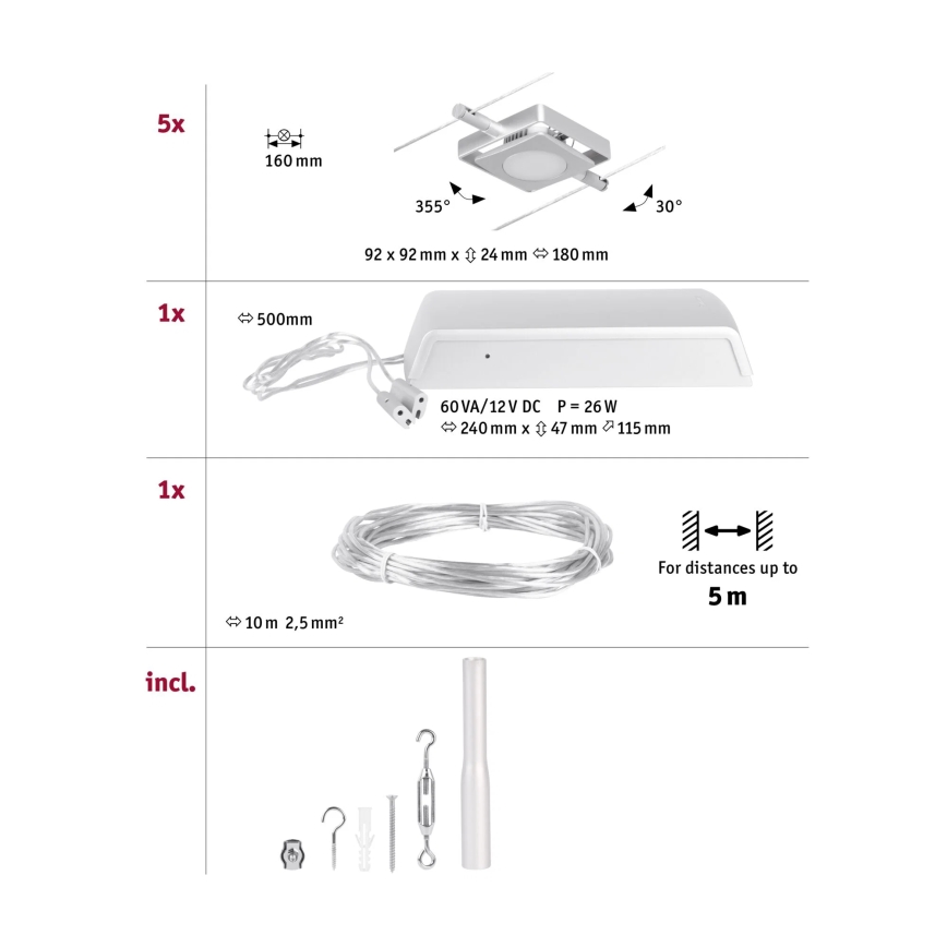 Paulmann 94420 - Ensemble de 5 LED 4,5 W, système complet de suspension sur câble MAC 230 V, chrome mat
