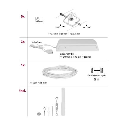 Paulmann 94432 - SET 5xGU5,3/10W Komplettes Seilsystem MAC 230V weiß