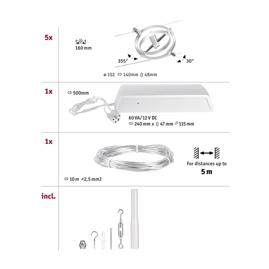 Paulmann 94436 - Set 5x GU5,3/10W, sistema completo a cavo CARDAN 230V, cromo opaco