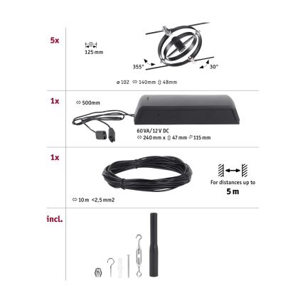 Paulmann 94440 - KIT 5xGU5,3/10W, sistema completo a cavo CARDAN 230V, nero