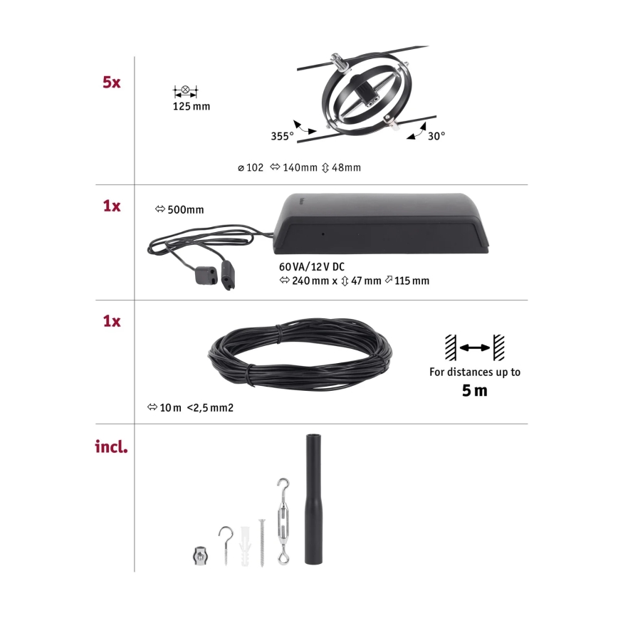 Paulmann 94440 - KIT 5xGU5,3/10W, sistema completo a cavo CARDAN 230V, nero