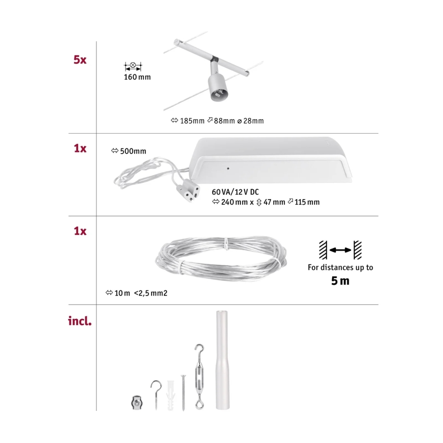 Paulmann 94442 - Kit 5x GU5,3/10W — système complet sur câble SALT 230V, chrome mat
