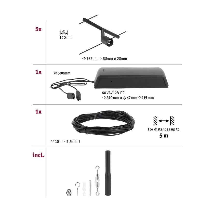 Paulmann 94446 - SET 5xGU5,3/10W Faretto per sistema di corde SALT 230V nero
