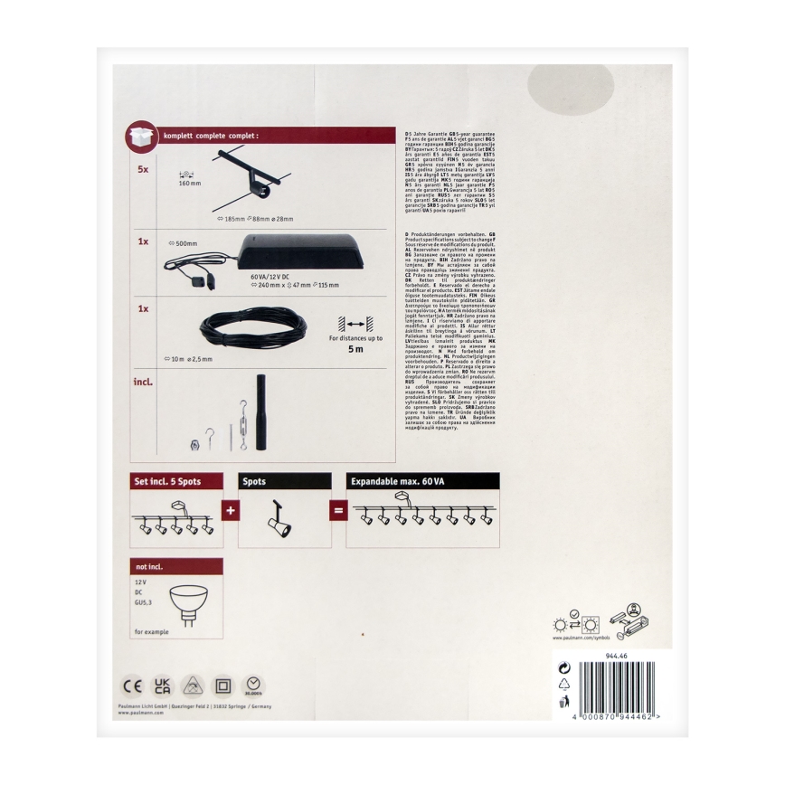 Paulmann 94446 - SET 5xGU5,3/10W Komplettes Seilsystem SALT 230V schwarz