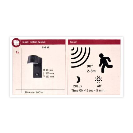 Paulmann 94453 - Applique murale d'extérieur avec détecteur LED/6W IP44 CAPEA 230V