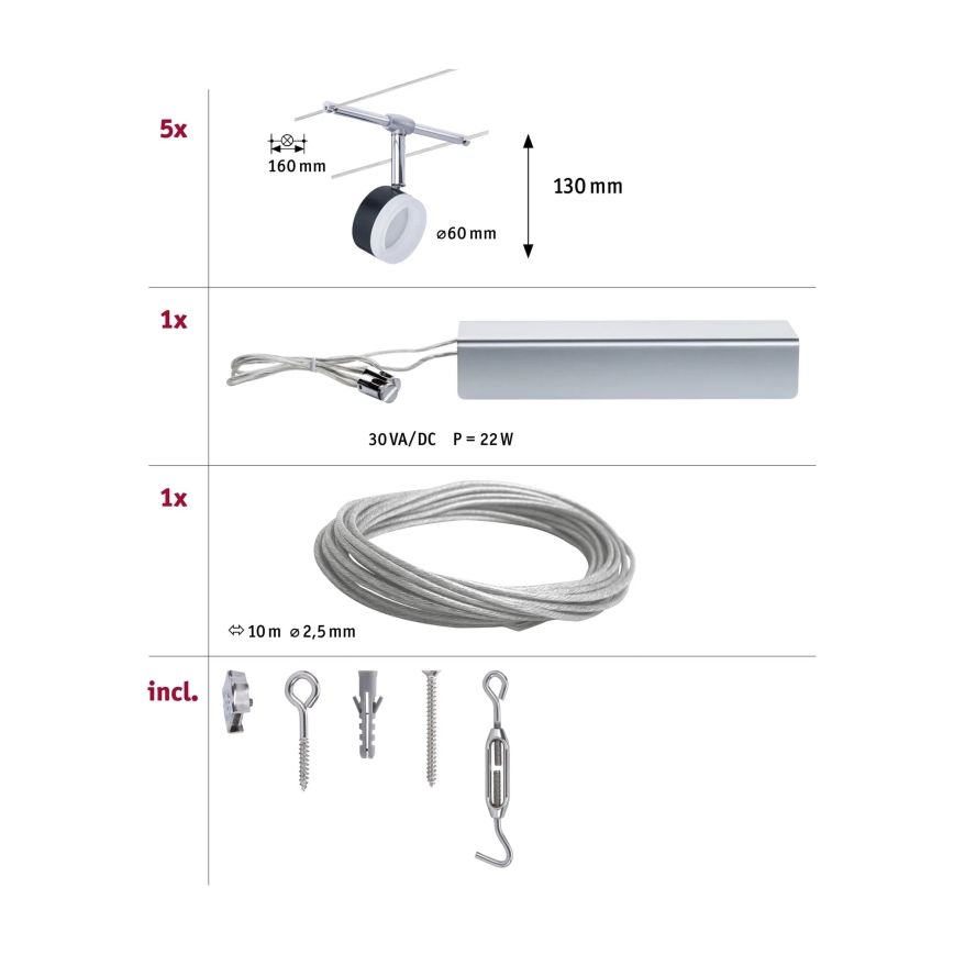 Paulmann 94457 - SET 5x LED da 4W Sistema completo a cavo CLEAR 230V nero/cromo lucido