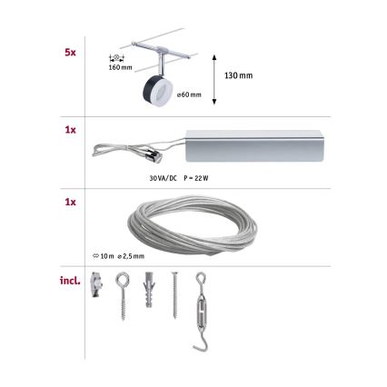 Paulmann 94457 - Set 5x faretti LED da 4W per sistema a cavo CLEAR 230V nero/cromo lucido
