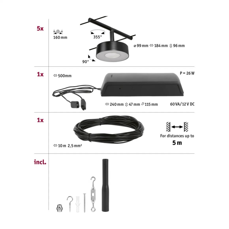 Paulmann 94479 - Set 5xLED/5W Komplettes Seilsystem CIRCLE 230V schwarz