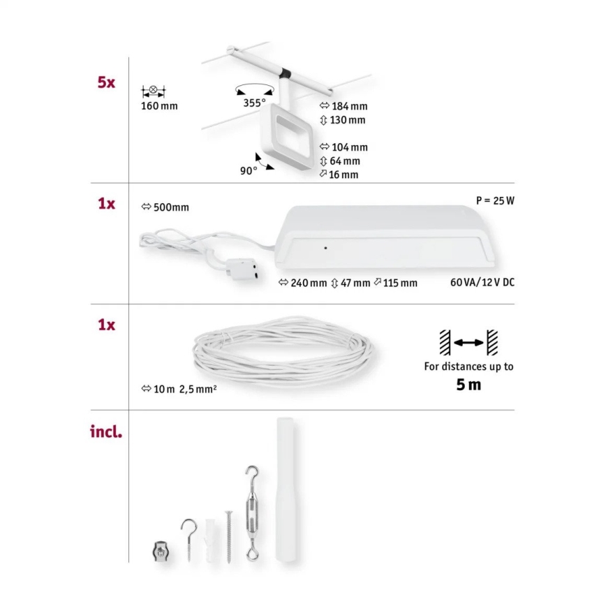 Paulmann 94483 - KIT 5xLED/4,8W Système sur câble complet FRAME 230V blanc
