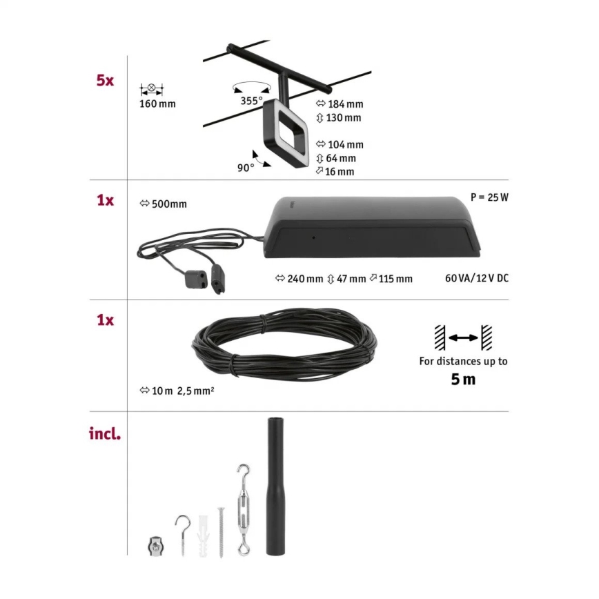 Paulmann 94485 - KIT 5xLED/4,8W Sistema completo a cavo FRAME 230V nero