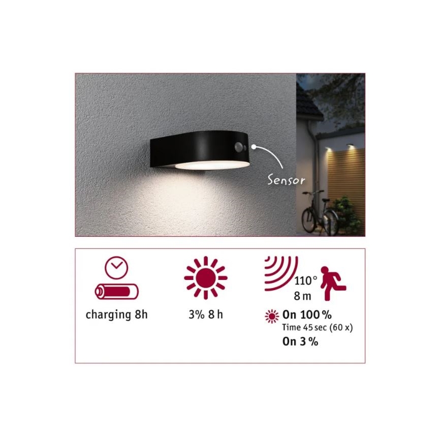 Paulmann 94570 - LED/5,5W IP44 Applique murale solaire avec détecteur EILEEN 3,7V