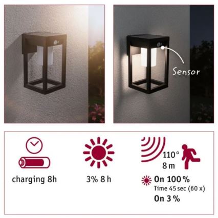 Paulmann 94572 -LED/5,5W IP44 Applique murale solaire avec détecteur MARISOL 3,7V