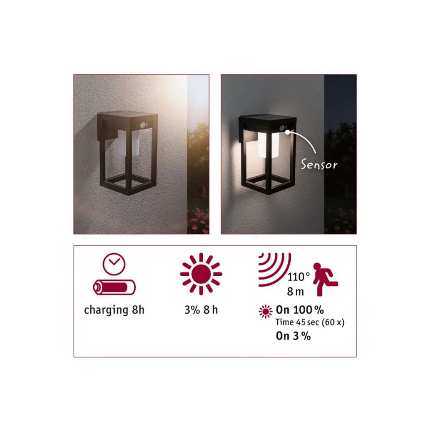 Paulmann 94572 -LED/5,5W IP44 Applique murale solaire avec détecteur MARISOL 3,7V