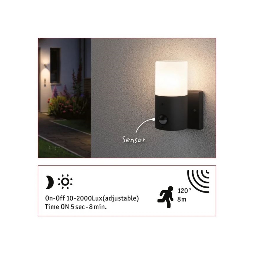 Paulmann 94648 - 1xE27/15W IP44 Applique murale extérieure avec détecteur TUBS 230V