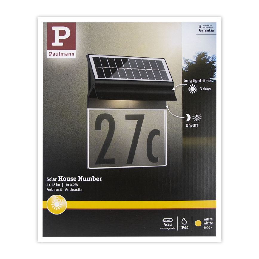 Paulmann 94694 - Numéro de maison solaire LED/0,2W IP44 NEDA 3,7V
