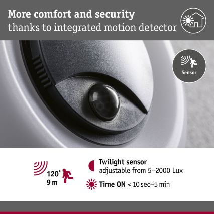 Paulmann 94956 - LED/20,5W IP65 Applique murale d'extérieur dimmable avec détecteur de mouvement et détecteur crépusculaire AUREVA 230V 2200/3000/4000K anthracite