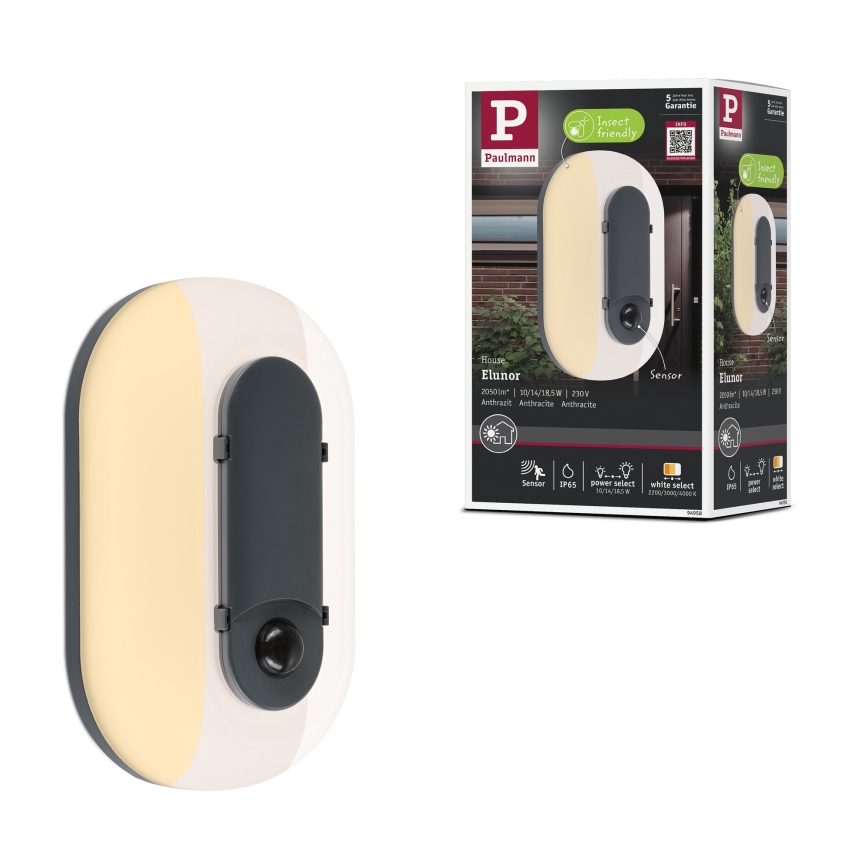 Paulmann 94958 - LED/18,5W IP65 Dimmbare Außenwandleuchte mit Bewegungs- und Dämmerungssensor ELUNOR 230V 2200/3000/4000K anthrazit