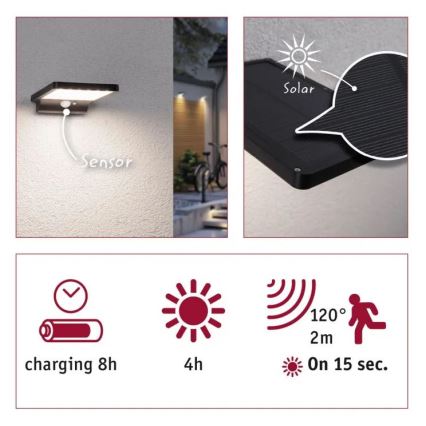 Paulmann 95393 - Applique murale solaire avec détecteur LED/4W IP44 SOLVEIG 3,7V 2000 mAh