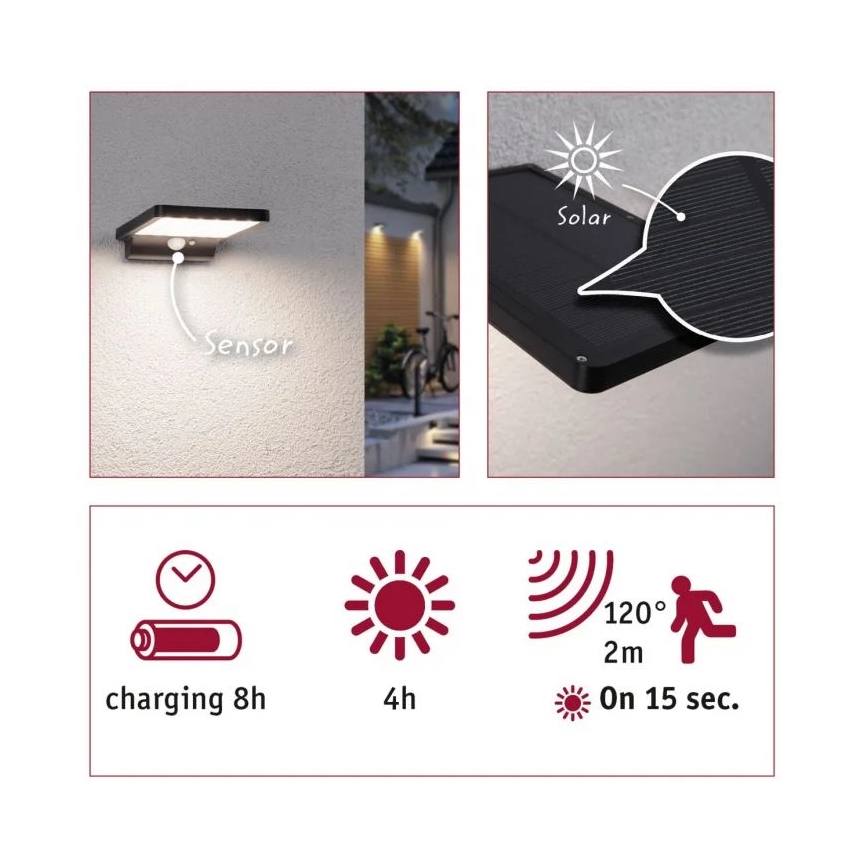 Paulmann 95393 - Applique murale solaire avec détecteur LED/4W IP44 SOLVEIG 3,7V 2000 mAh