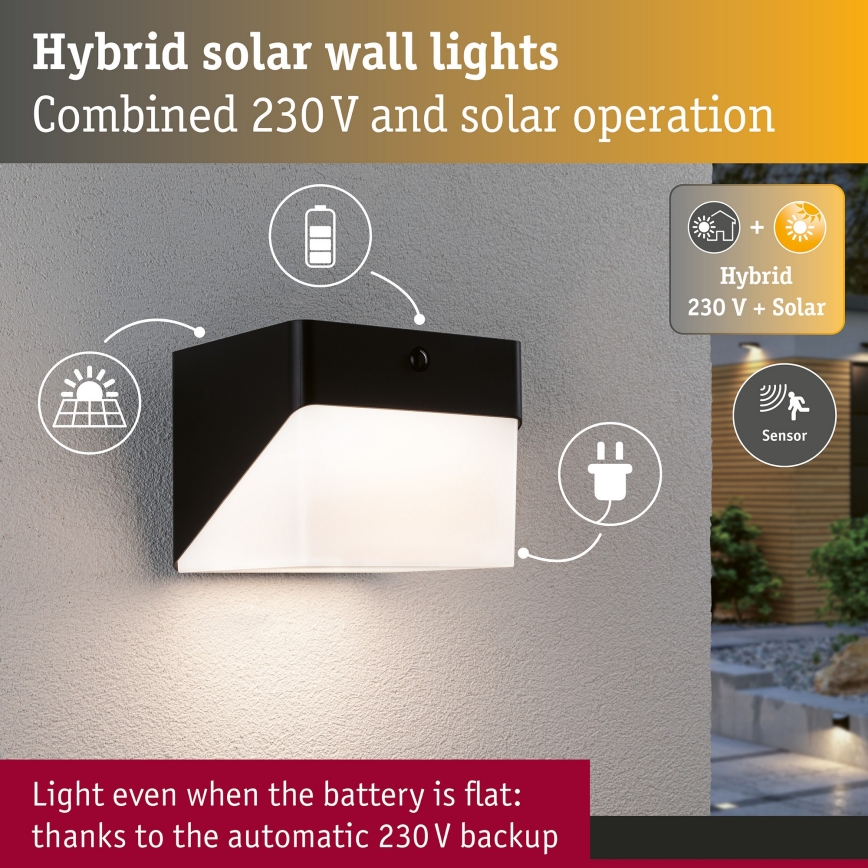 Paulmann 95746 - LED/2,3W IP44 Lampada da parete solare con sensore EILEEN 3,7/230V 4000 mAh nera