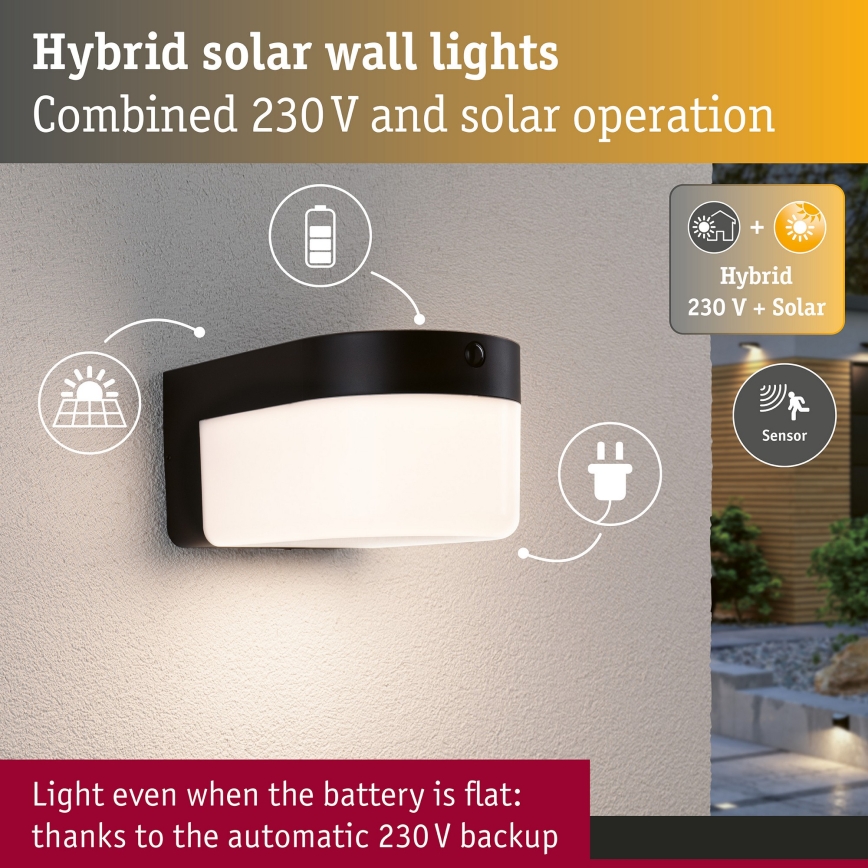 Paulmann 95747 - LED/2,3W IP44 Lampada da parete solare con sensore CALYNE 3,7/230V 4000 mAh nero