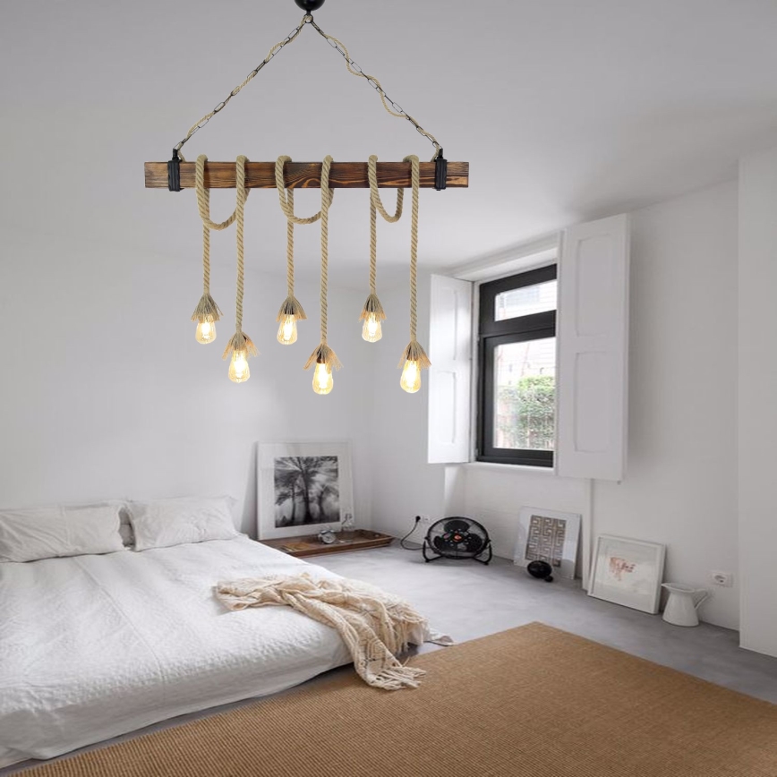 Pendelleuchte mit Seilaufhängung KUTUK 6xE27/40W/230V Kiefer