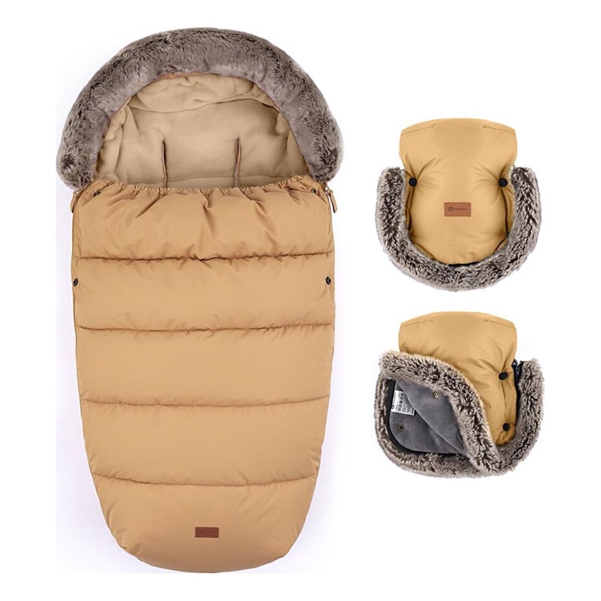 PETITE&MARS - LOT Chancelière pour bébé 4en1 COMFY + cache-mains pour poussette FURRY Elegant Caramel