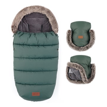 PETITE&MARS - SET Kinderfußsack 4-in-1 COMFY + Handmuffs für Kinderwagen FURRY Khaki