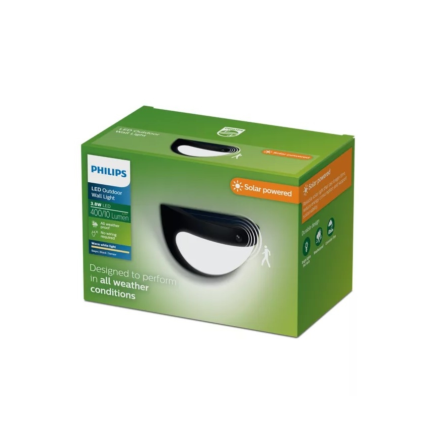 Philips - Applique murale solaire LED à capteur SWYN LED/3,8W/3,7V 800 mAh 2700K IP44 noire