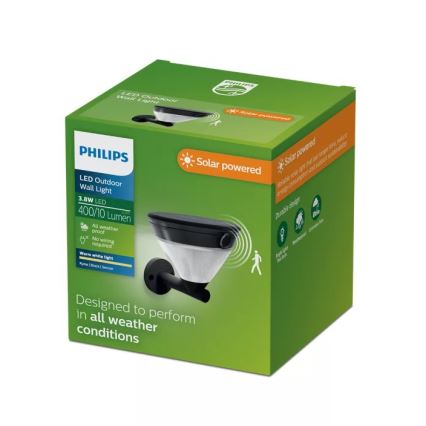 Philips - Applique murale solaire LED avec détecteur KYNA LED/3,8W/3,7V 800 mAh 2700K IP44 noire