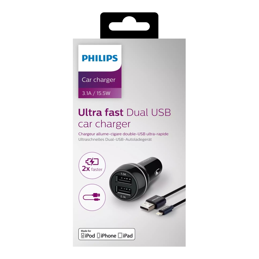 Philips DLP2357V/10 - Chargeur voiture 2xUSB/12V + câble USB/câble lighting