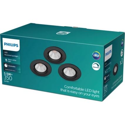 Philips - LOT 3x Spot encastrable à intensité variable SPARKLE LED/5,5W/230V 2700K noir