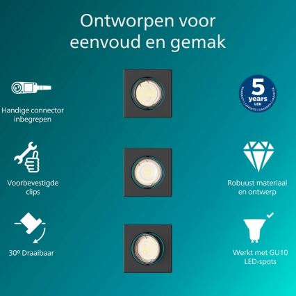 Philips - Lot de 3 spots encastrables PERIDOT 1xGU10/7W/230V noir