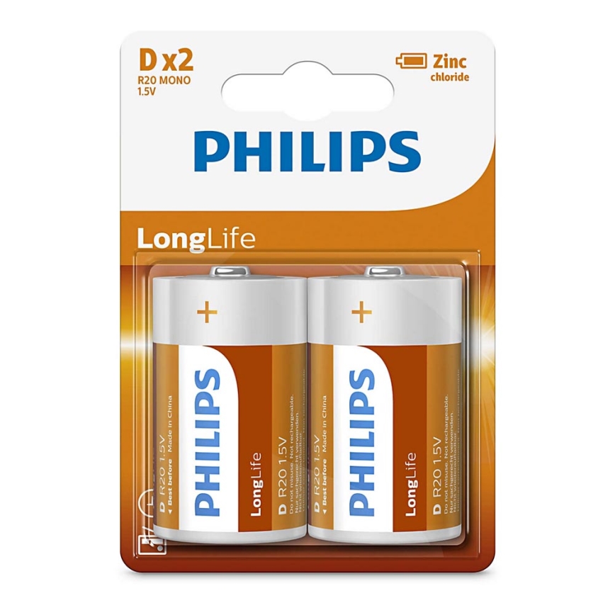 Philips R20L2B/10 - 2 Stück Zinkchlorid-Batterie D LONGLIFE 1,5V 5000mAh