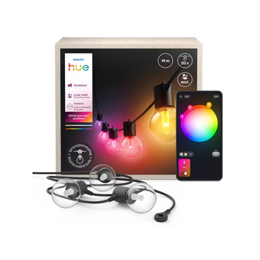 Philips - Guirlande d'extérieur extensible et dimmable à LED RGBW Hue FESTAVIA 20xLED 14m IP65
