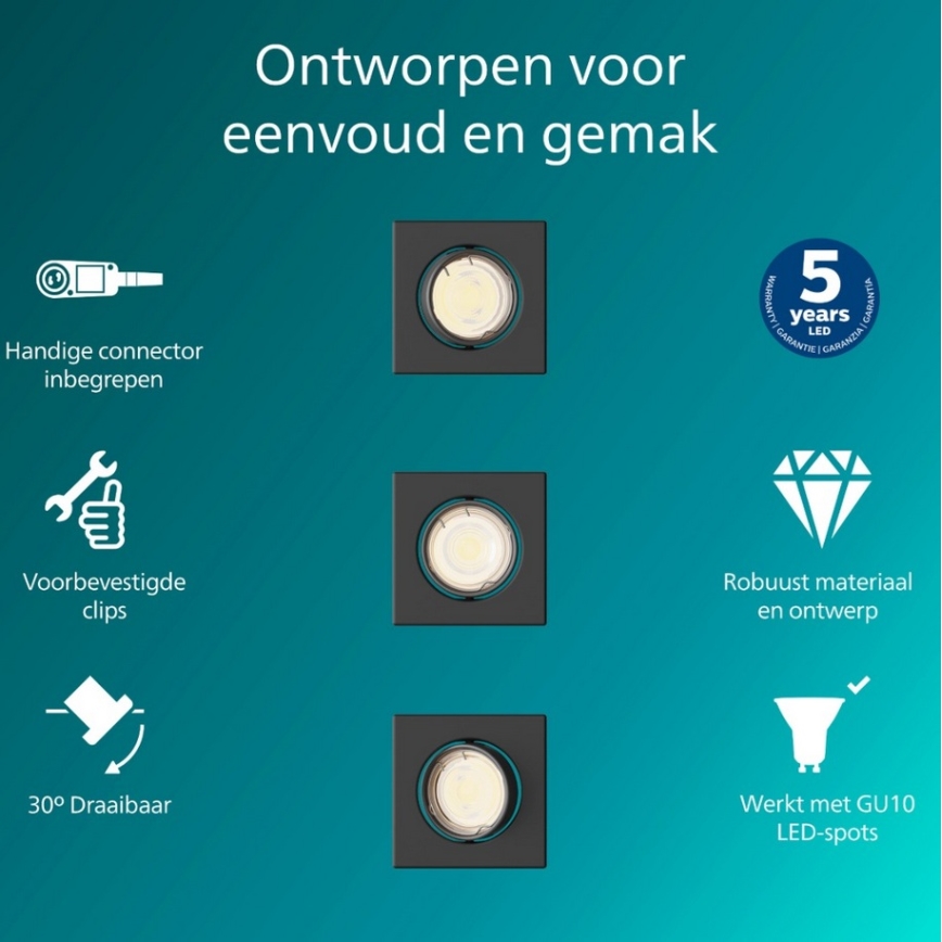 Philips - Set da 3 faretti da incasso PERIDOT 1xGU10/7W/230V nero