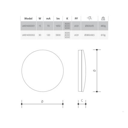 Plafoniera da soffitto LED dimmerabile per bagno, 30W, 230V, 3000/4000/5000K, Ø 38 cm, IP54