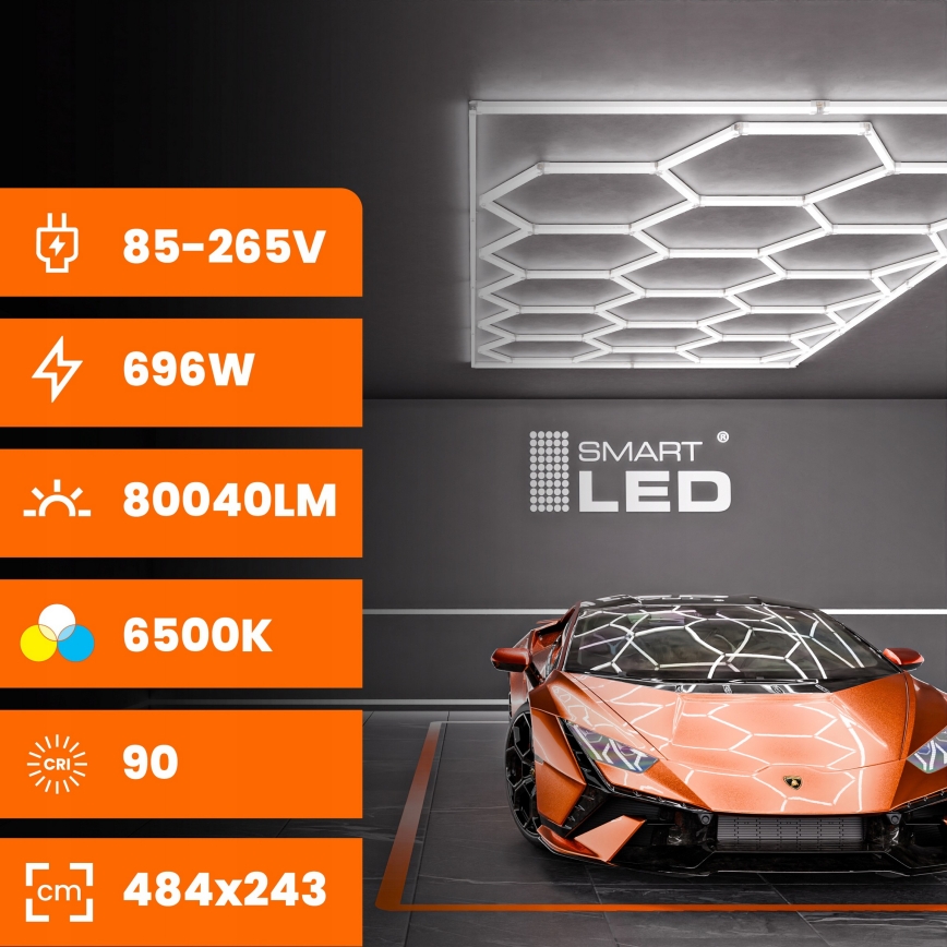Plafoniera da soffitto LED HEXAGON LED/696W/85-265V 6500K 484x243 cm CRI 90 IP44 bianca