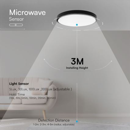 Plafoniera LED per bagno con sensore CHIP SAMSUNG LED/36W/230V IP44 4000K diam. 42 cm nero + telecomando